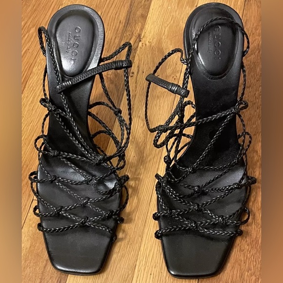 Gucci Shoes - GUCCI black leather braided open toe heels shoes 9 b
